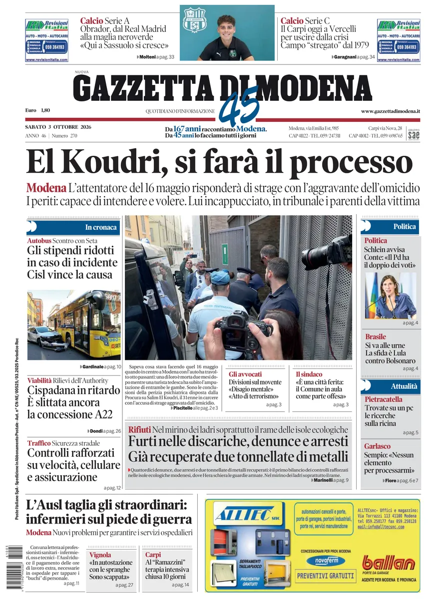 Prima-pagina-gazzetta di modena-oggi-edizione-del-2026-10-03